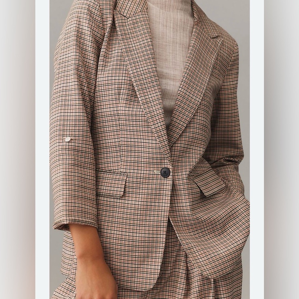 NEW Maeve by Anthropologie Women's pink cream and tan houndstooth plaid blazer